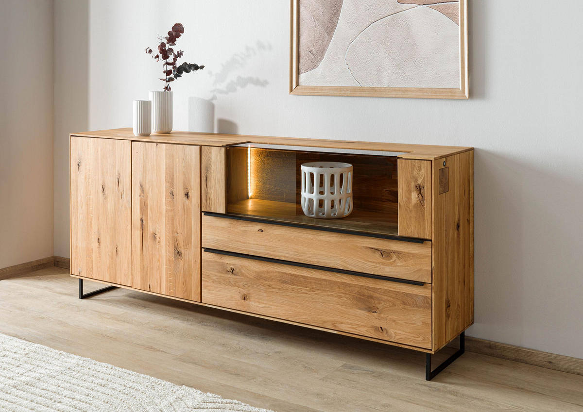 SIDEBOARD Wildeiche 200x43x87 natur geölt WIEN #221 - Braun, Holz (200/87/43cm) - Massivmoebel24