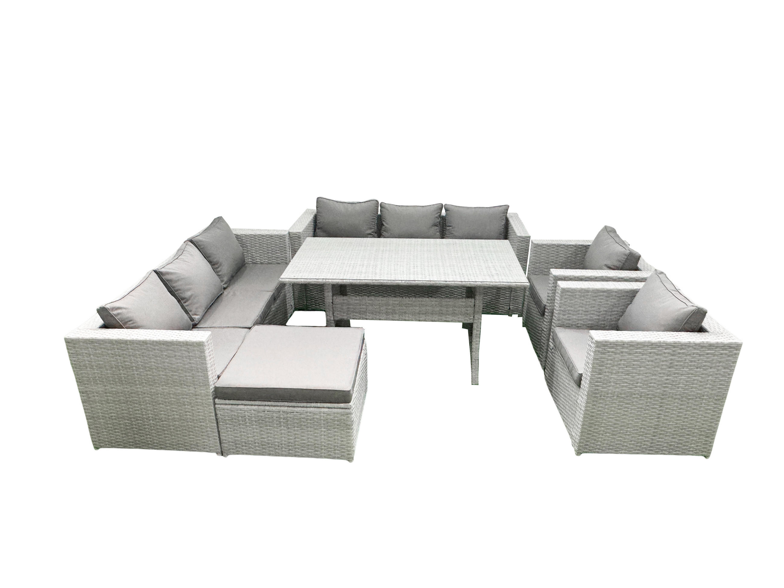 GARTENMÖBEL SET mit 3-Sitzer-Sofa und 2 Stühle, Esstisch,Großer Fußhocker Polyrattan Hellgrau 9-Sitzer - Hellgrau/Grau, Glas/Kunststoff - Fimous