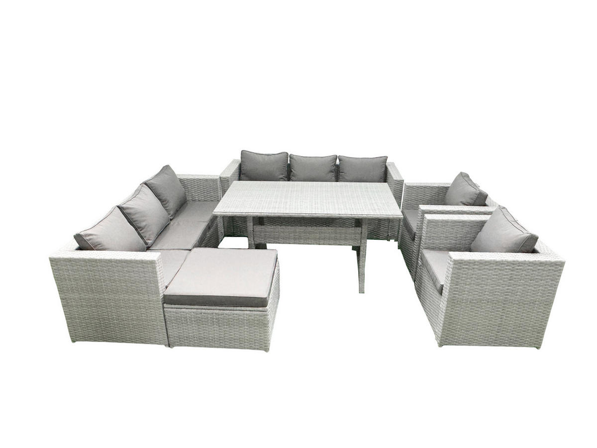 GARTENMÖBEL SET mit 3-Sitzer-Sofa und 2 Stühle, Esstisch,Großer Fußhocker Polyrattan Hellgrau 9-Sitzer - Hellgrau/Grau, Glas/Kunststoff - Fimous