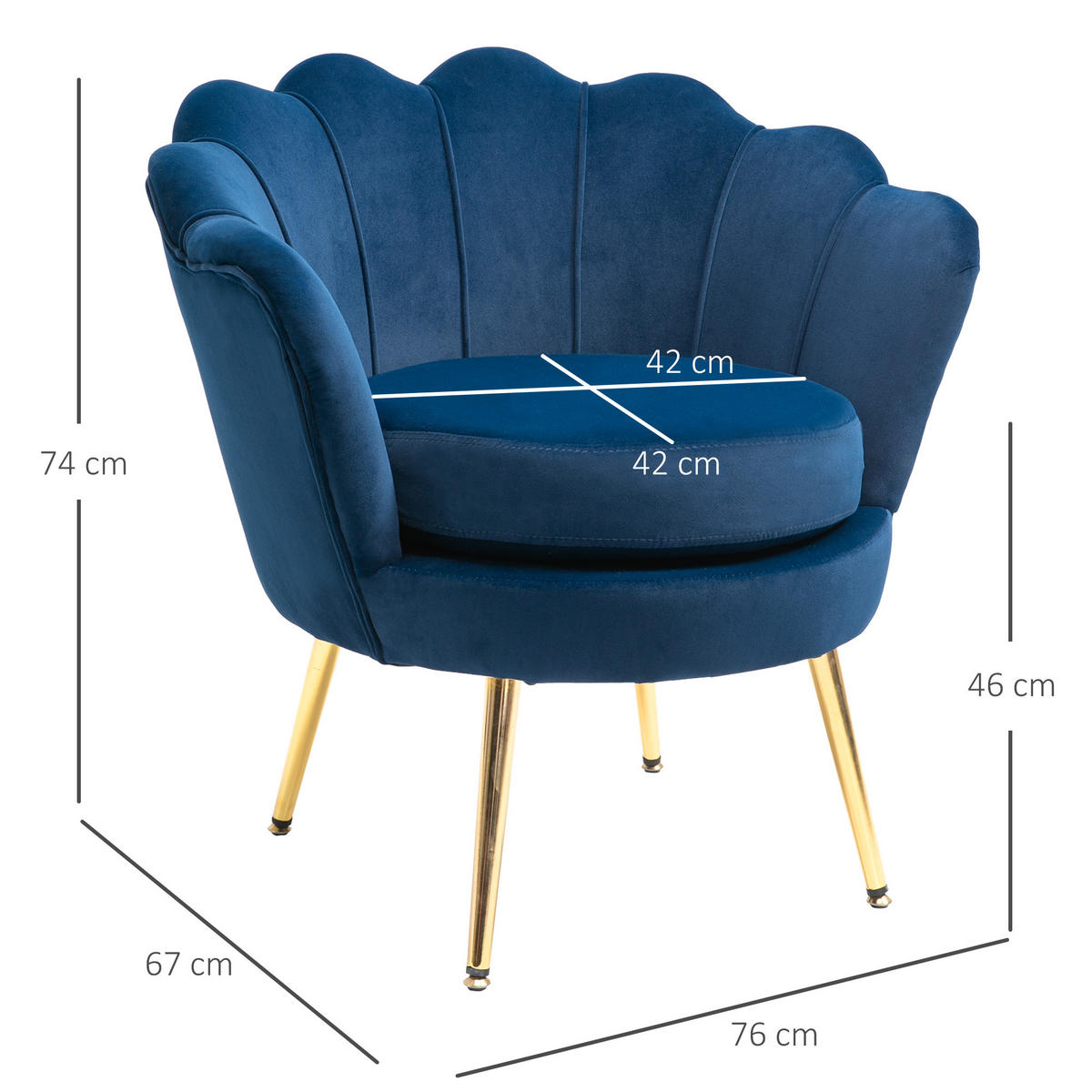 SESSEL DE-13412 Muschelform & goldene Metallfüße Blau - Blau, Textil (67/74/76cm) - ComfortXL