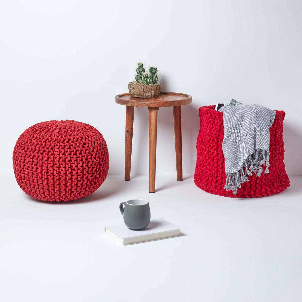 STRICK-POUF rot, 40/40/35 cm - Rot, Textil (40/35/40cm) - Homescapes