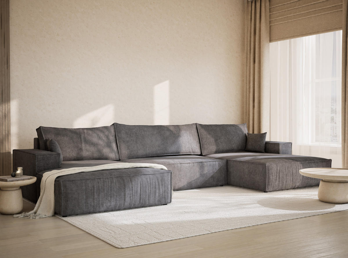 WOHNLANDSCHAFT Kyoto Grau Webstoff - Schwarz/Grau, Holz/Holzwerkstoff (398/70/148cm) - Maison de Reve