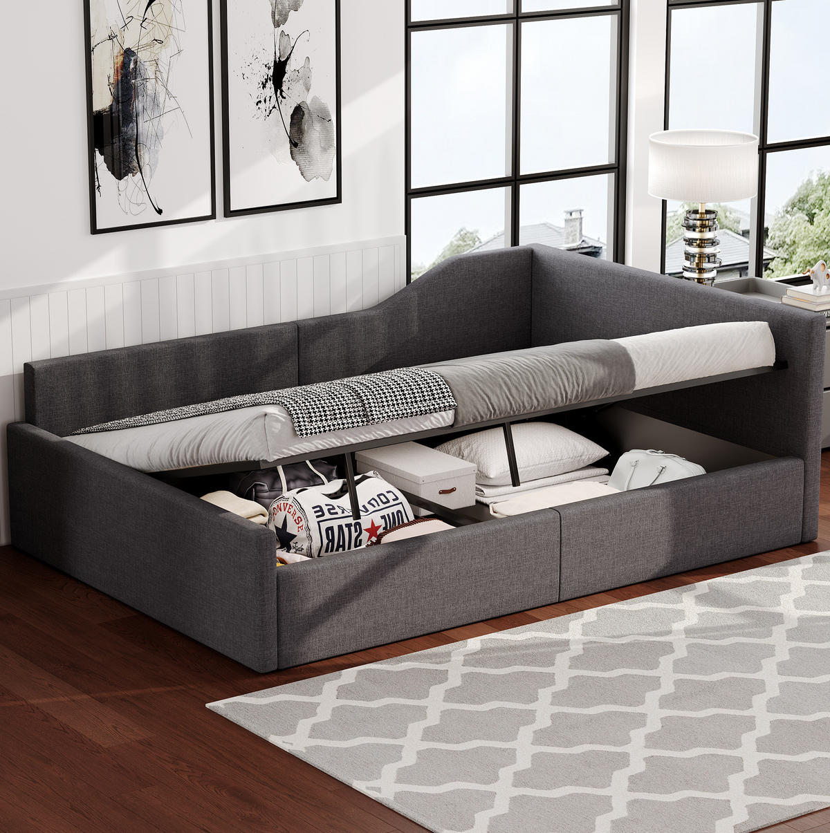 TAPECIRANI dnevni krevet 140/200 cm sivi od MDF-a i šperploče s prostorom za odlaganje - siva, drvni materijal (140/200cm) - OKWISH