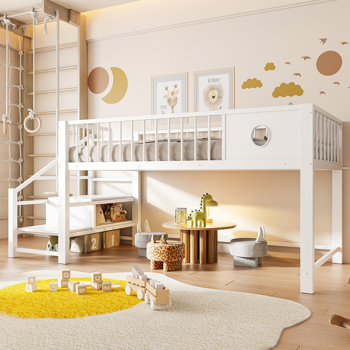 HOCHBETT 90/200 cm in Weiß mit Stauraum und Leiter für Kinder und Jugendliche - Weiß, Metall (90/200cm) - STILVORA