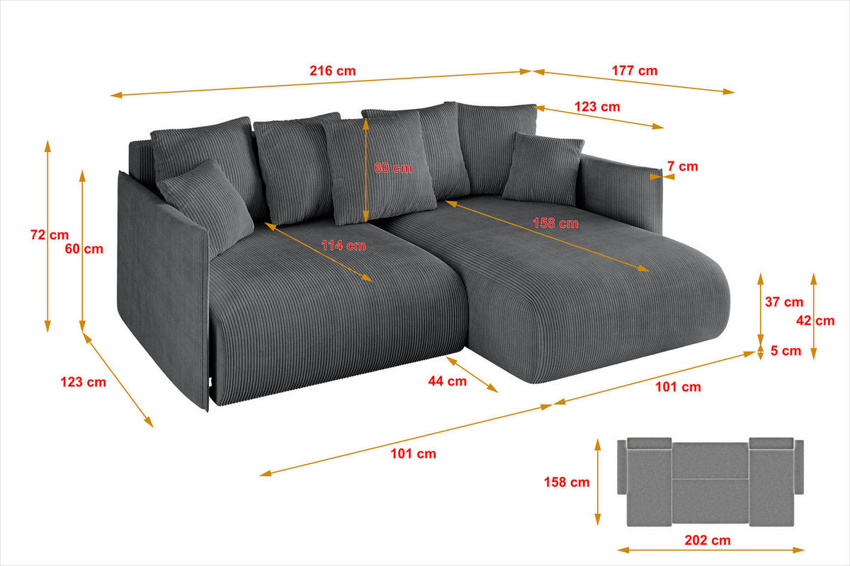 ECKSOFA Ottomane rechts ONESK-L 216x177x72 Dunkelgrau Cord - Dunkelgrau, Holzwerkstoff/Kunststoff (177/216cm) - ALTDECOR