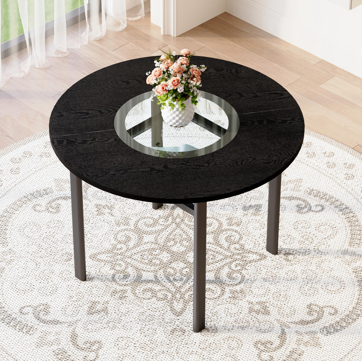 JÍDELNÍ stůl 100 cm s deskou z MDF a tvrzeným sklem, kovová stabilní konstrukce, Černá - černá, kompozitní dřevo (100/100/76cm) - Redom