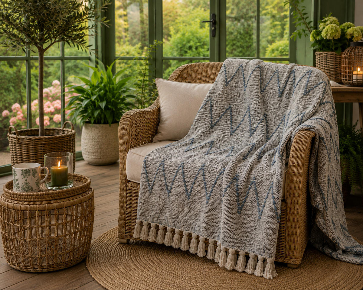 DECKE Zickzack 130x180 cm, 100% Baumwolle, Weiß/Staubblau - Blau, Textil (130/180cm) - Au Maison