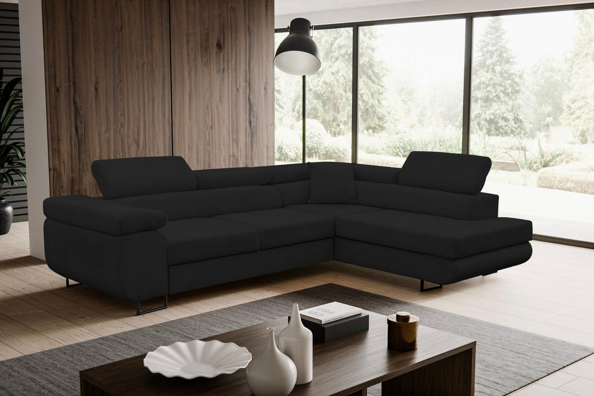 ECKSOFA Jerry in L-Form mit Schlaffunktion und Bettkasten, Farbe: Schwarz, Veloursstoff, Ottomane Rechts - Schwarz, Textil (275/202cm) - VENASI MÖBEL