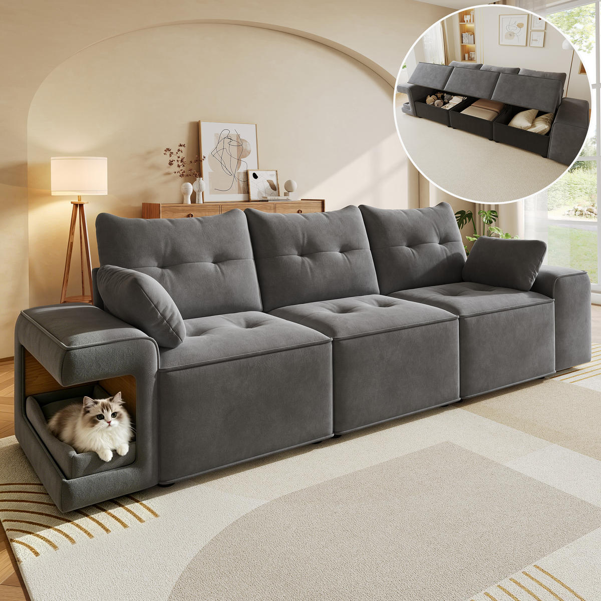 SOFA Grau 3 Sitzer Stauraum breite Armlehnen Kissen - Grau, Textil (78/84/229.5cm) - FLIEKS