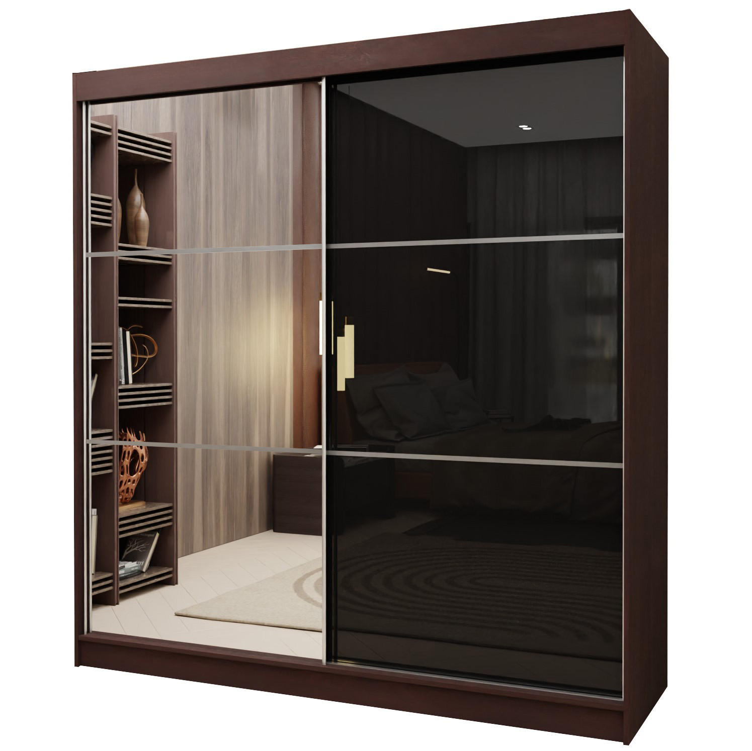 SCHWEBETÜRENSCHRANK VITALE 200/216/61 cm 2-türig mit Spiegel Wengefarben - Wengefarben/Schwarz, Holzwerkstoff (200/216/61cm) - MASSENO