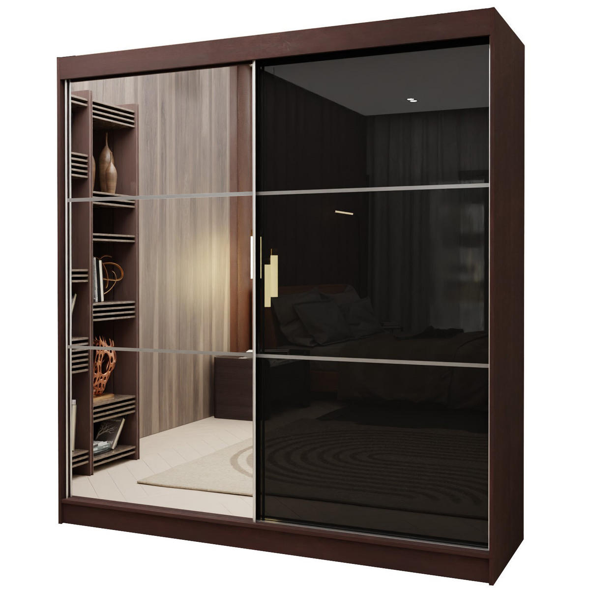 SCHWEBETÜRENSCHRANK VITALE 200/216/61 cm 2-türig mit Spiegel Wengefarben - Wengefarben/Schwarz, Holzwerkstoff (200/216/61cm) - MASSENO