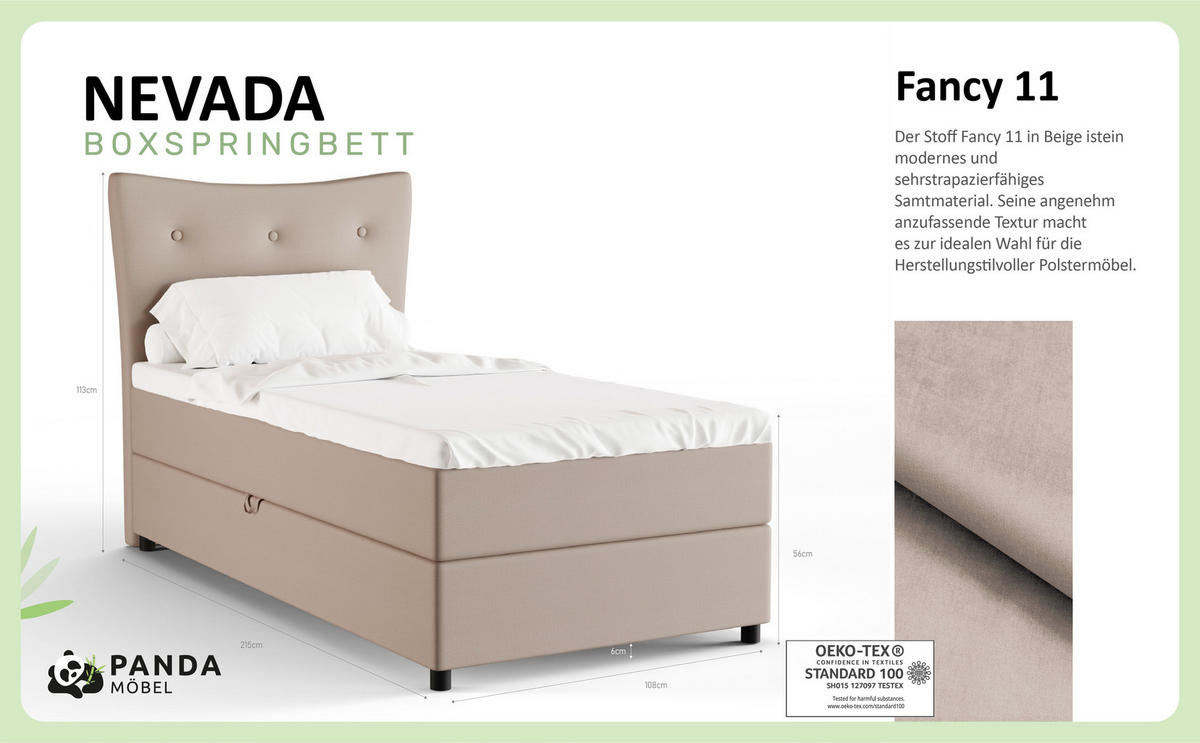 BOXBETT Nevada 100x200 cm Polsterbett mit hochwertiger Bonell-Matratze und Topper - cappuccino - Cappuccino, Holz (100/200cm) - Panda Möbel