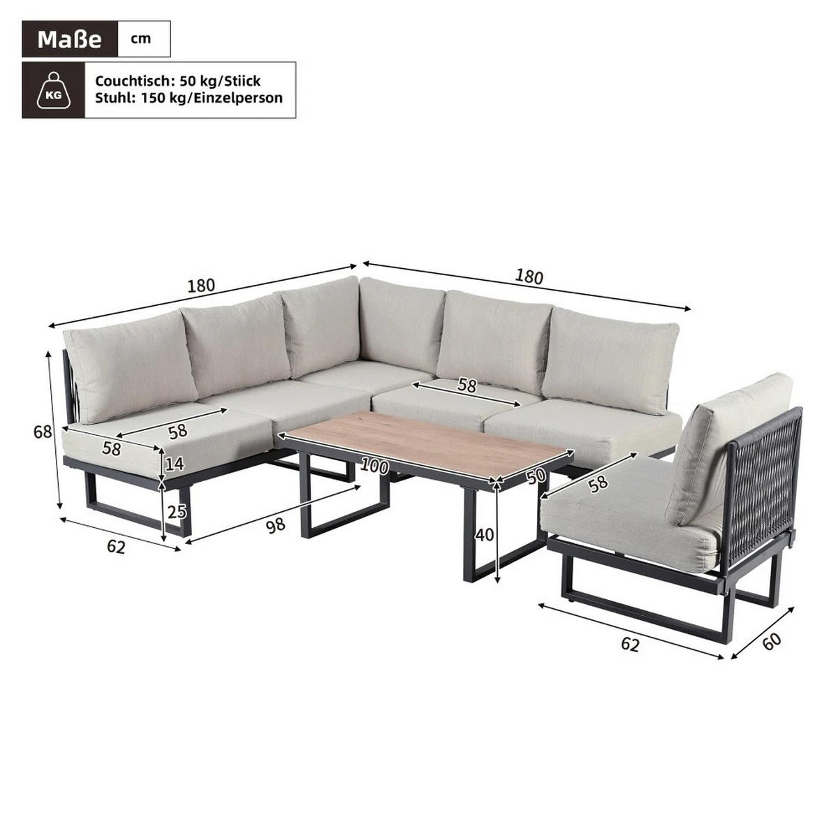 DINING-LOUNGESET 3-tlg. Ecksofa & Tisch Gartenmöbel - Beige, Textil - Kaket