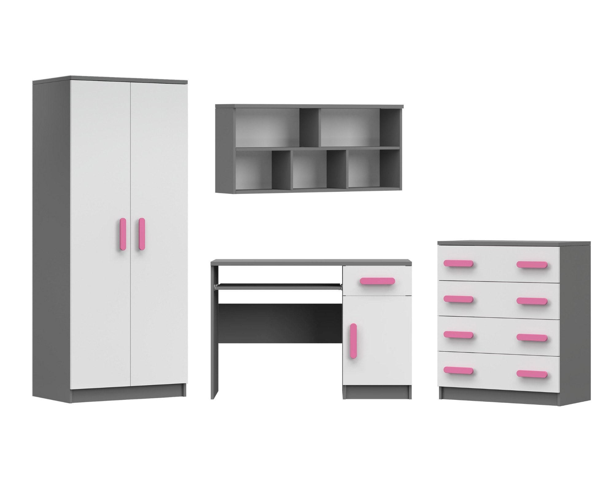 KINDERZIMMER-SET INGE III 4-teilig Weiß+Grau/Rosa - Weiß/Rosa, Holzwerkstoff (270/193/50cm) - Deine Möbel 24