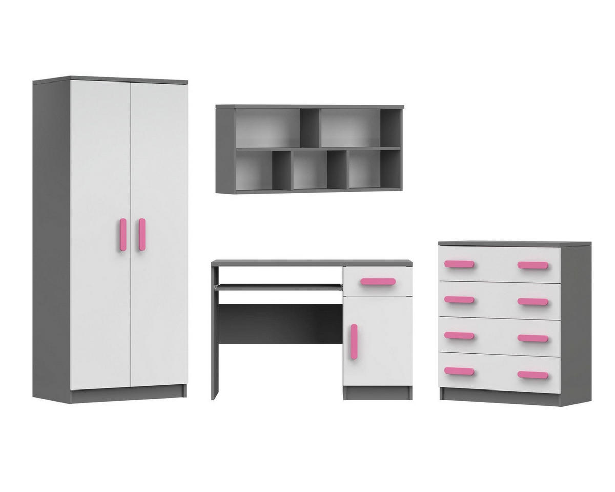 KINDERZIMMER-SET INGE III 4-teilig Weiß+Grau/Rosa - Weiß/Rosa, Holzwerkstoff (270/193/50cm) - Deine Möbel 24