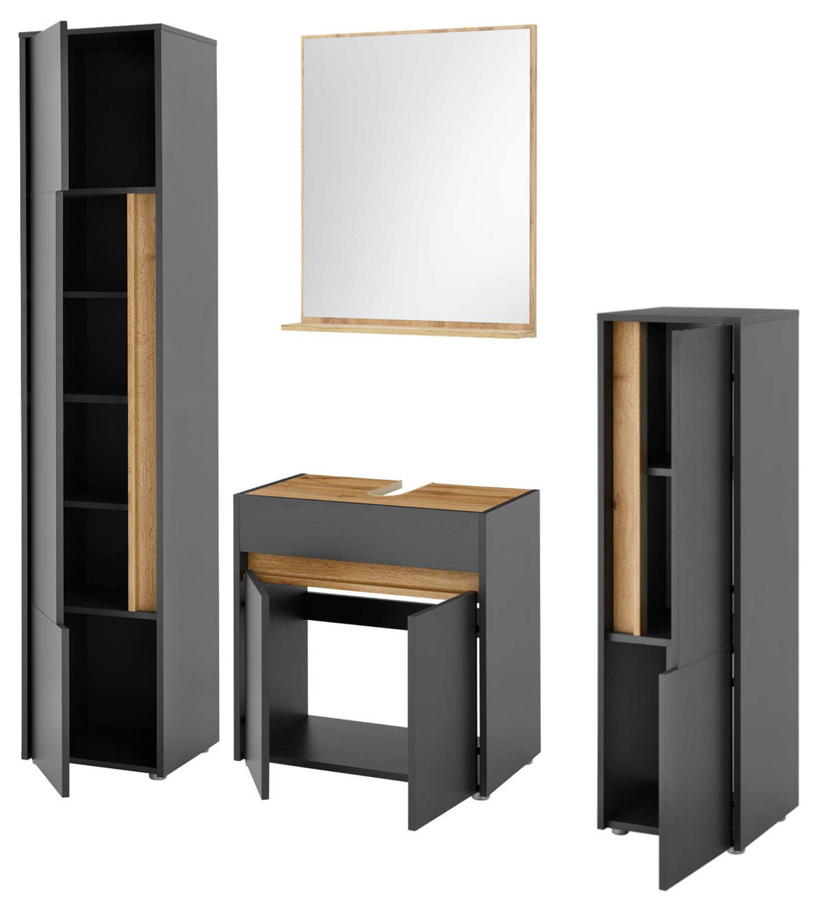 BADMÖBEL-SET 4-teilig grau matt, Wotan Eiche, Badkombination 168 cm - Eiche Wotan/Schwarz, Glas/Holzwerkstoff (171/200/34cm) - Furn.Design