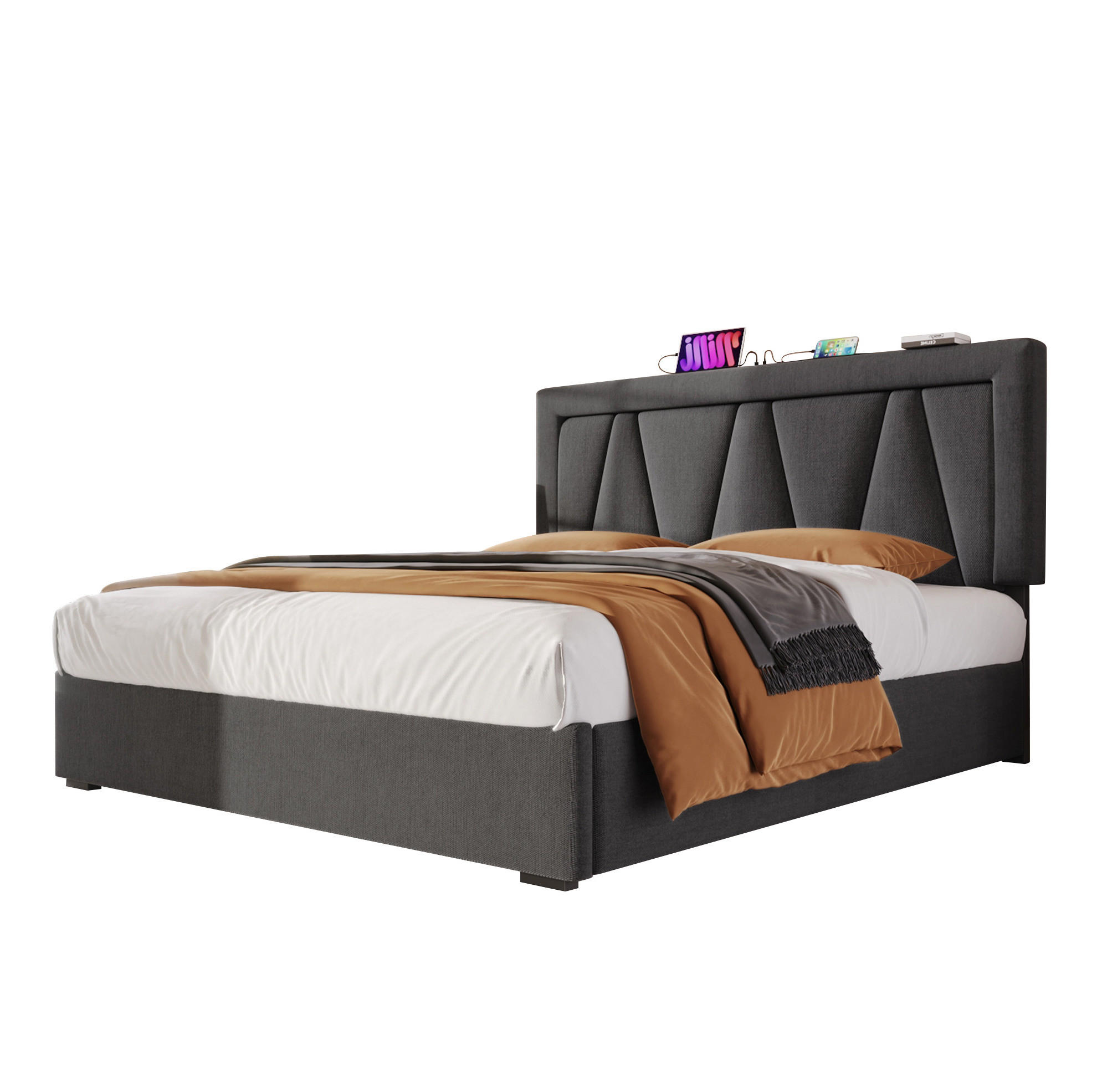POLSTERBETT aus Leinen 160x200 cm Grau mit LED-Beleuchtung, USB-/Type-C-Anschluss und Bettkasten - Grau, Textil (160/200cm) - IVMEU
