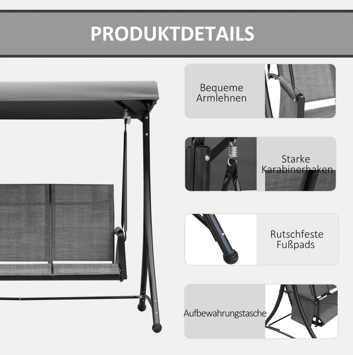 3-SITZER Hollywoodschaukel aus Metall 196 x 128 x 172 cm in Dunkelgrau mit Sonnendach - Dunkelgrau, Metall (196/172/128cm) - Modfu