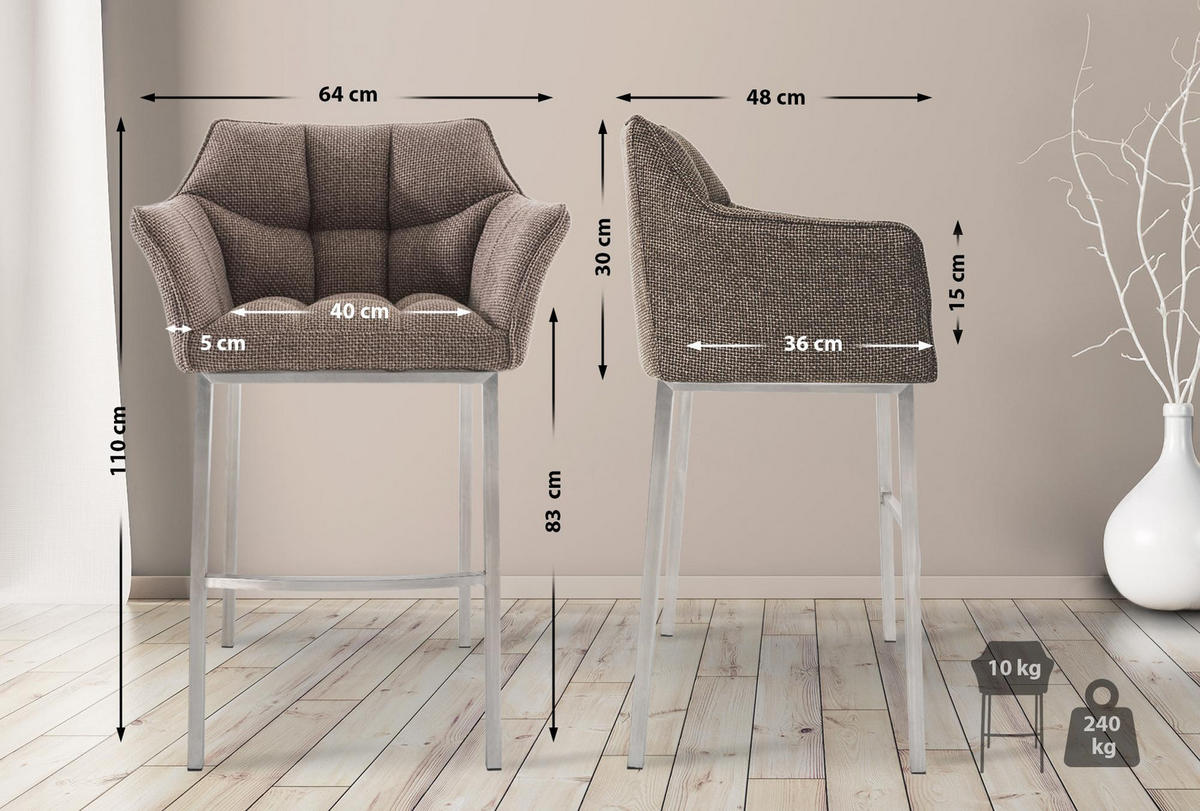 BARHOCKER Gibel Stoff Terrabraun Silber - Dunkelbraun, Textil (64/110/48cm) - DELUKE