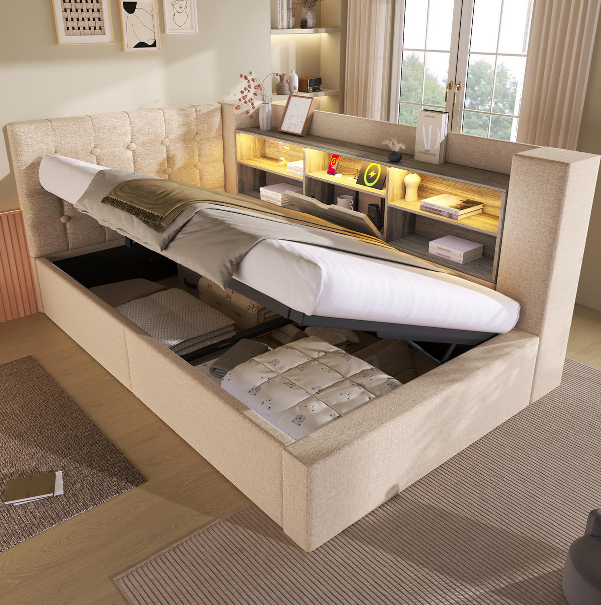 POLSTERBETT 90/200 cm Beige mit LED-Beleuchtung, Stauraum und USB-/Type-C-Anschlüssen - Beige, Textil (90/200cm) - Flora Grace
