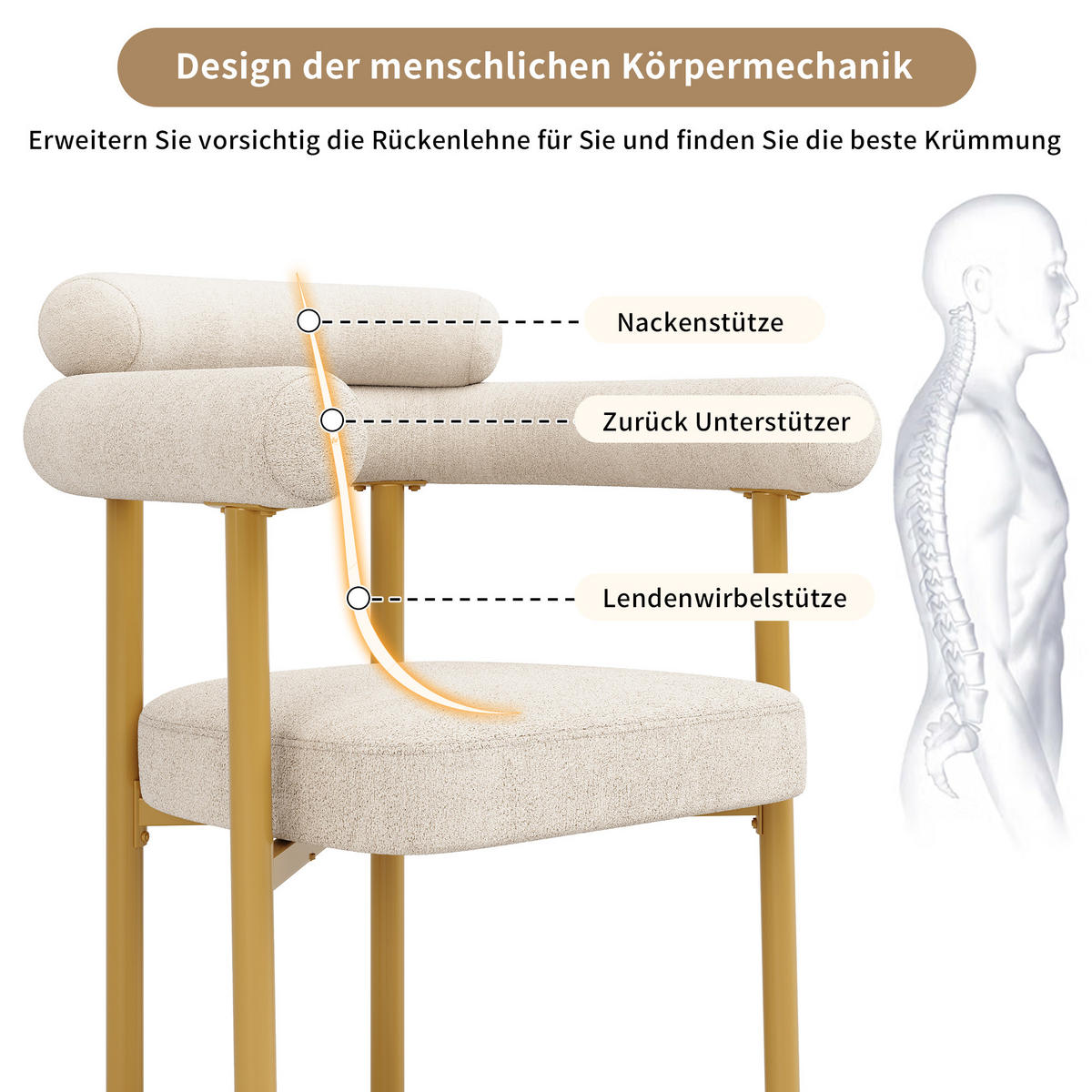 ESSTISCHSET 7-Teilig Mit Metallbeinen, 6 Creme Wildledersessel, Gold - Multicolor, Metall (140/75/80cm) - FLIEKS