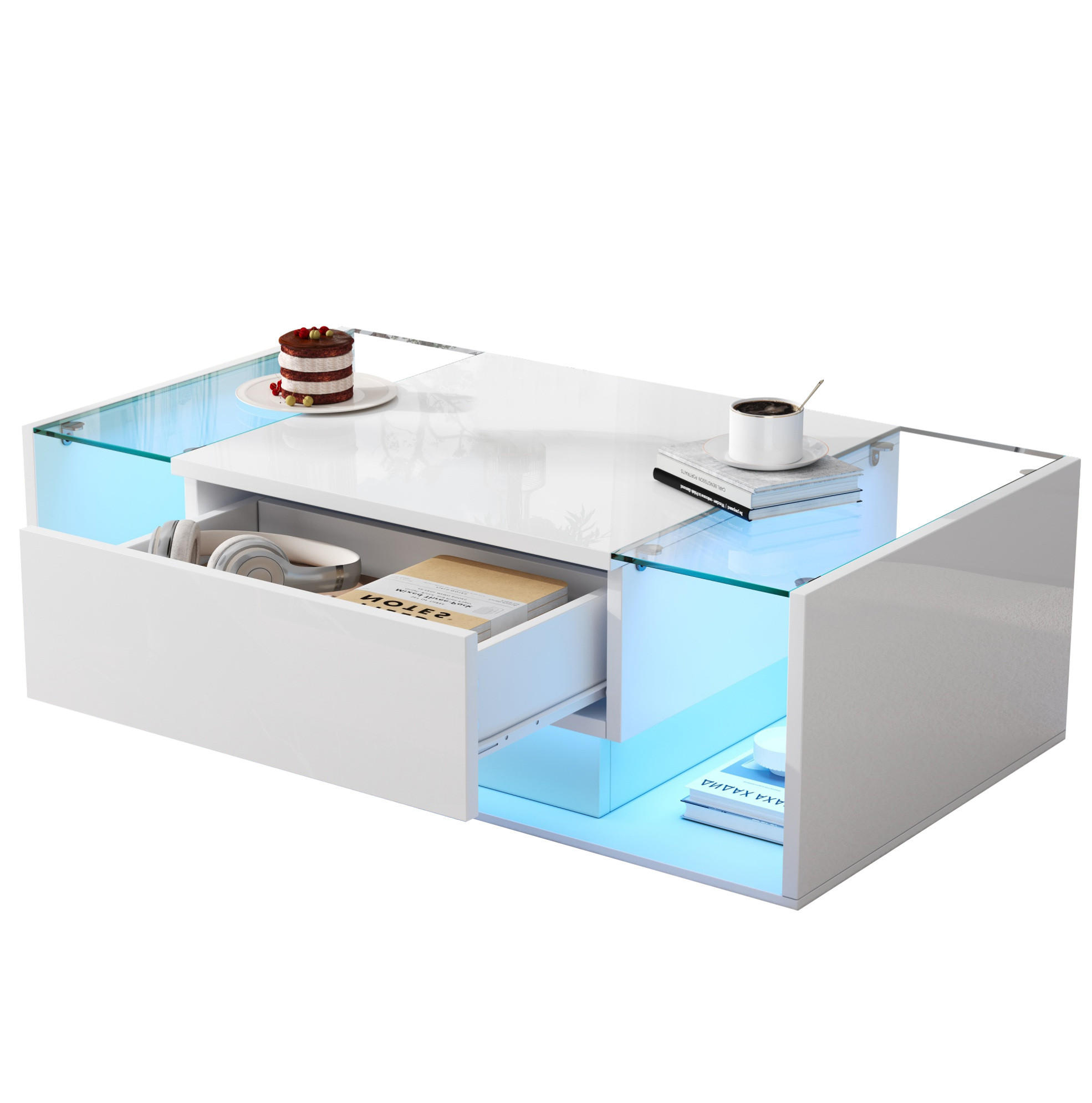 COUCHTISCH 100/50 cm mit Schublade, LED-Beleuchtung und gehärtetem Glas - Weiß, Holzwerkstoff (100/50/31cm) - BEAOK