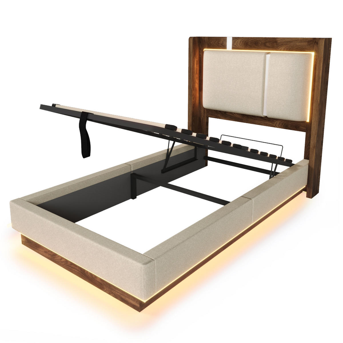 POLSTERBETT 90/200 cm aus Leinen und Holz mit LED und Bettkasten Beige - Beige, Textil (90/200cm) - Modenvie