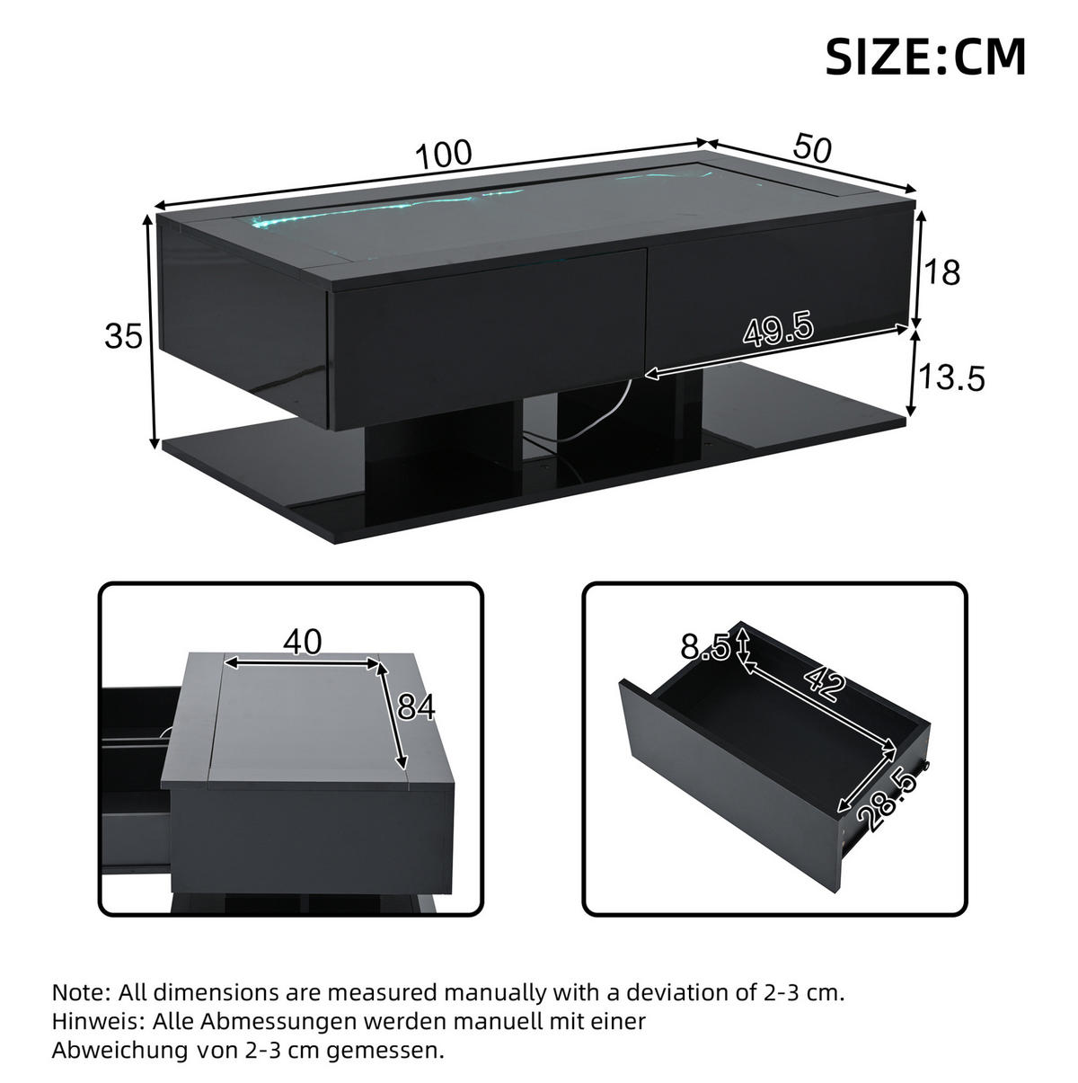 COUCHTISCH aus Spanplatte 100x50x35 cm in Schwarz mit 2 Schubladen & LED - Schwarz, Holzwerkstoff (100/50/35cm) - Modfu