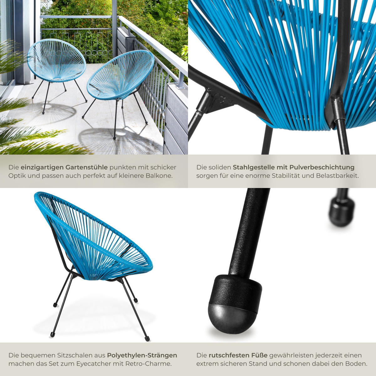 GARTENSTUHL 2er Set Santana, Belastbarkeit 120 kg, 70,5 x 69 x 78 cm, blau - Blau/Schwarz, Metall (70.5/78/69cm) - tectake