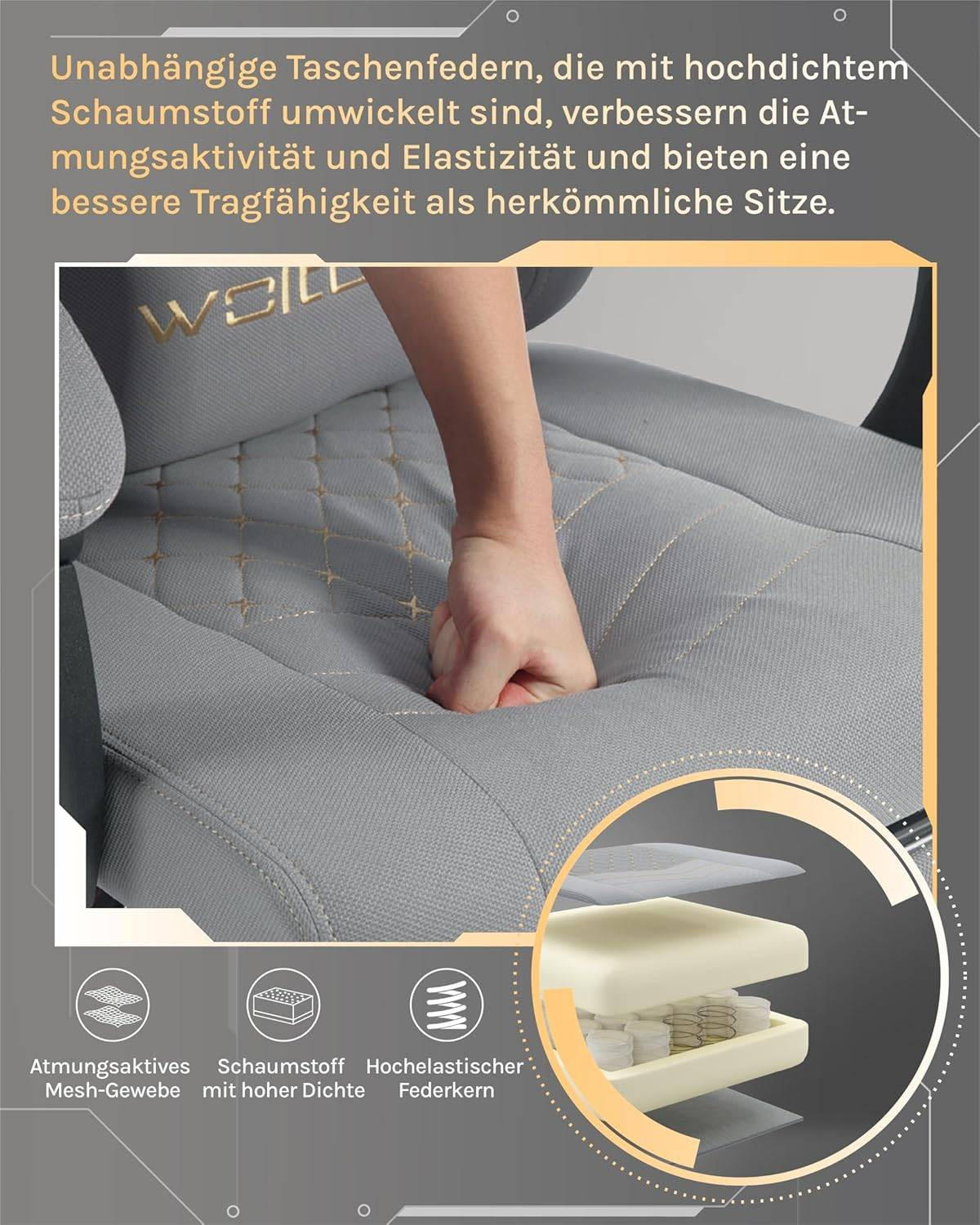 GAMINGSTUHL mit Massagefunktion, Computerstuhl Ergonomisch - Goldfarben/Schwarz, Kunststoff/Textil (70/127/70cm) - Woltu