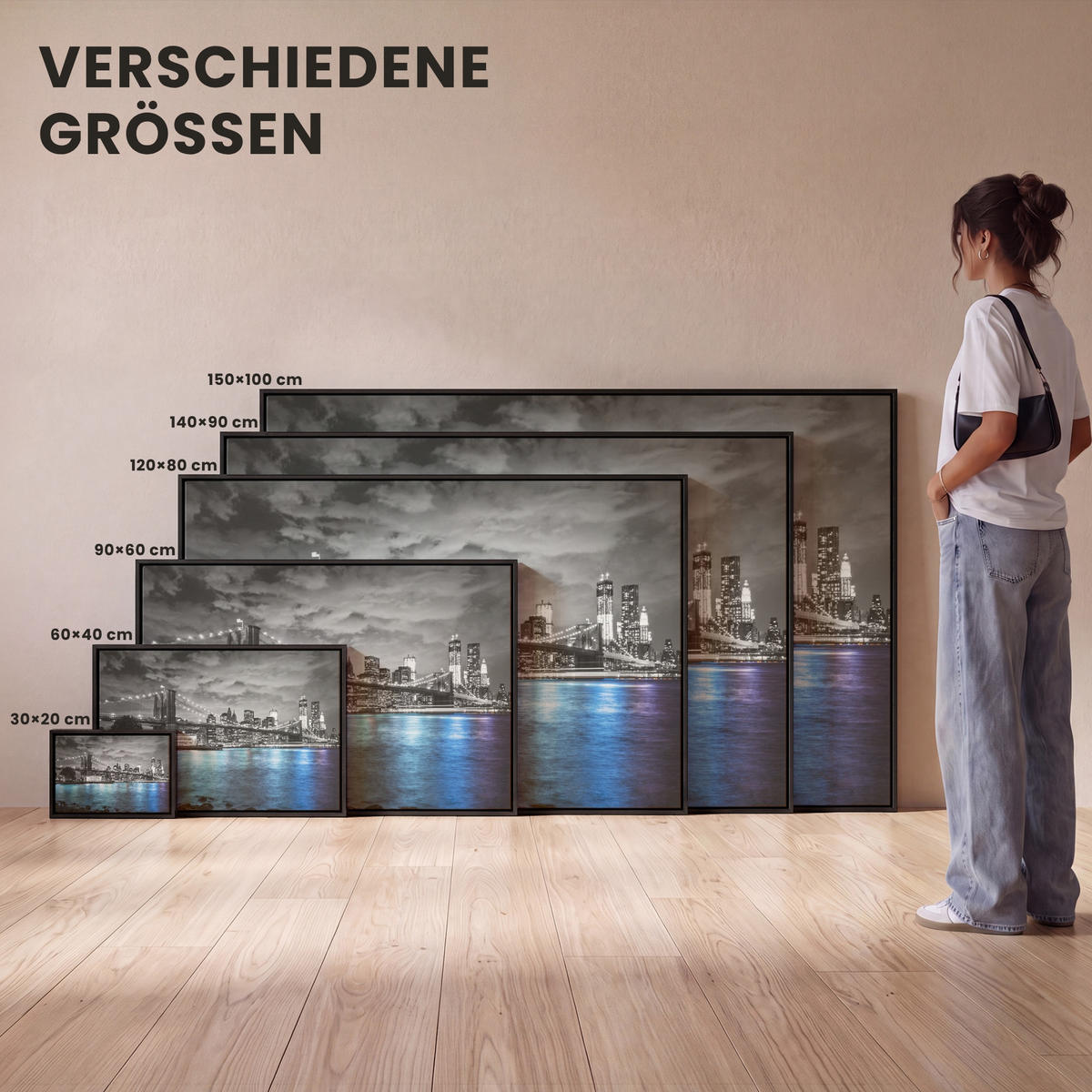 LEINWAND Bilder mit Rahmen - New York - Skyline - Stadt - Blau - 140x90 - Blaugrau, Textil (140/90cm) - MuchoWow