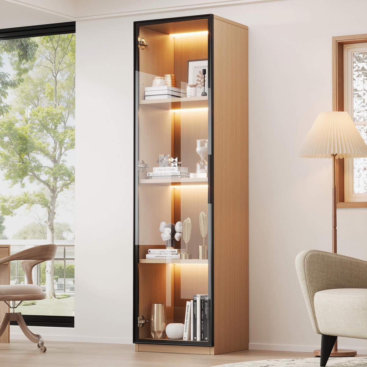 VITRINENSCHRANK 40cm Eichenoptik Glas LED Soft-Close modern - Eichefarben, Holzwerkstoff (40/165/40cm) - FLIEKS