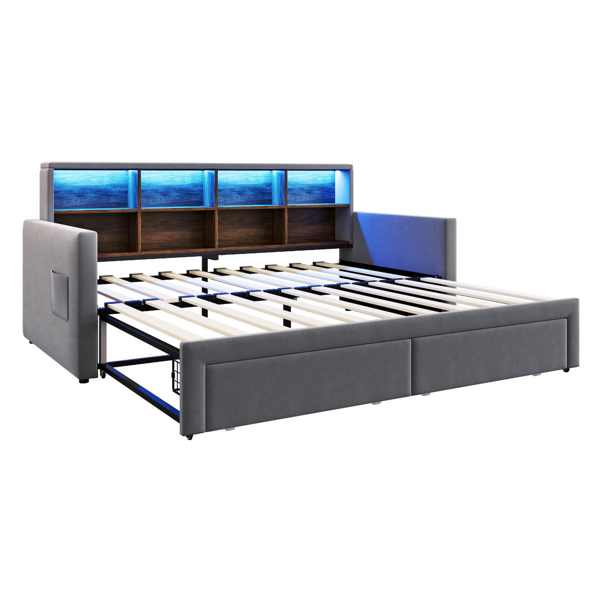 SCHLAFSOFA 90/190 cm & 90/190 cm in Dunkelgrau Samt mit 2 Schubladen, LED und USB - Grau, Holzwerkstoff/Textil (90/190cm) - WISHDOR