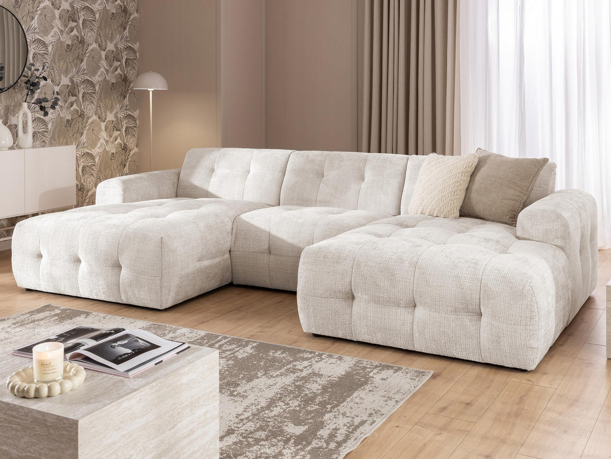 WOHNLANDSCHAFT Kozy im Bumpy-Design mit fester Rückenlehne aus weichem Beige Chenille-Stoff - Beige/Creme, Holz/Kunststoff (323/79/161cm) - S-Style Möbel