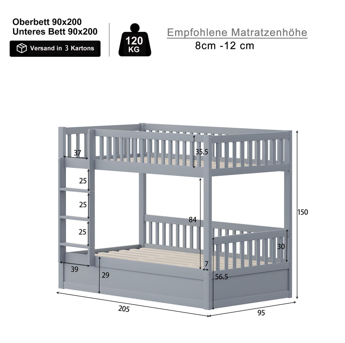 ETAGENBETT aus 90x200 cm Grau mit hydraulischem Stauraum, Sicherheitsleiter und Lattenrost - Grau, Holzwerkstoff (90/200cm) - Modfu