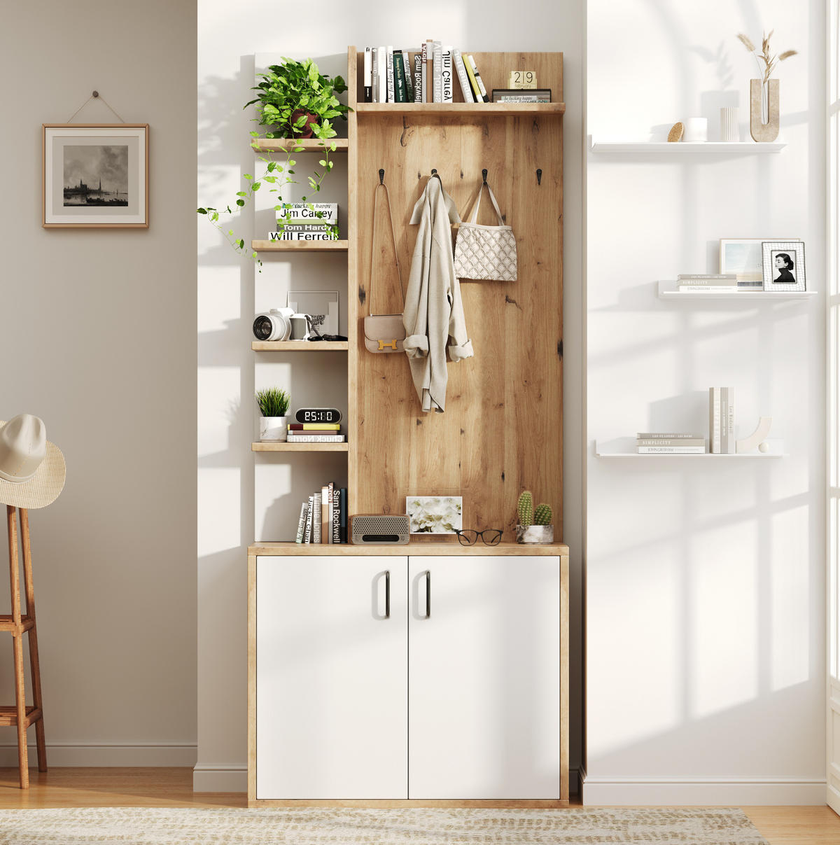 GARDEROBE 75/180/33 cm Naturholz/Weiß aus Spanplatte mit Schuhaufbewahrung - Naturfarben, Holzwerkstoff (33/180/75cm) - OKMYHOME