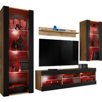 WOHNZIMMERSET TIVOLI MEDIO, 4er-Set, Schwarz, LED Mehrfarbige - Eiche Wotan/Schwarz, Glas/Holzwerkstoff (245/159/35cm) - Komodee