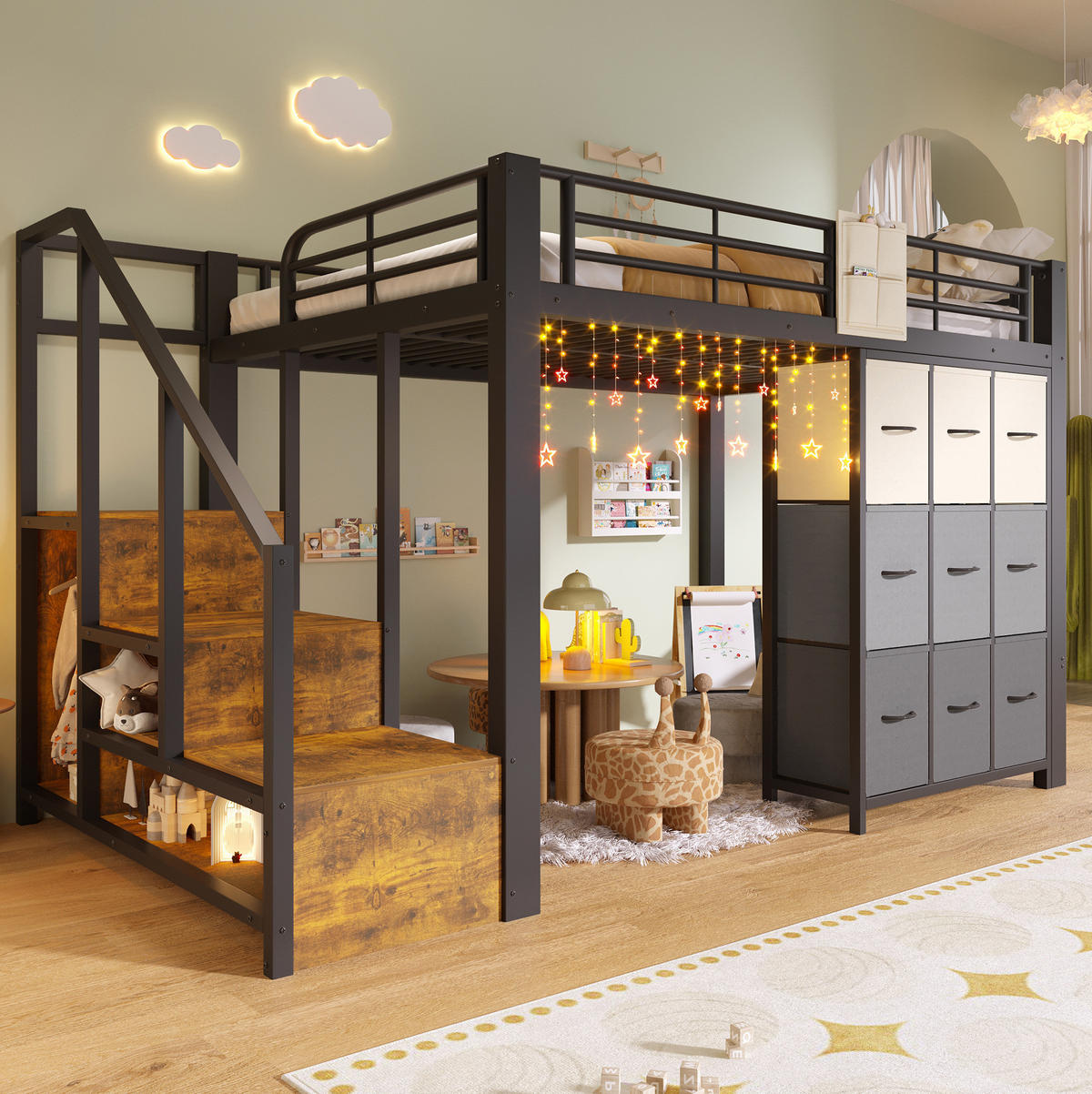 HOCHBETT 140/200 cm mit Schubladen, Kleiderstange, Stauraumtreppe und Geländer, aus Metall und MDF, Schwarz/Weiß - Schwarz, Holzwerkstoff (140/200cm) - Redom