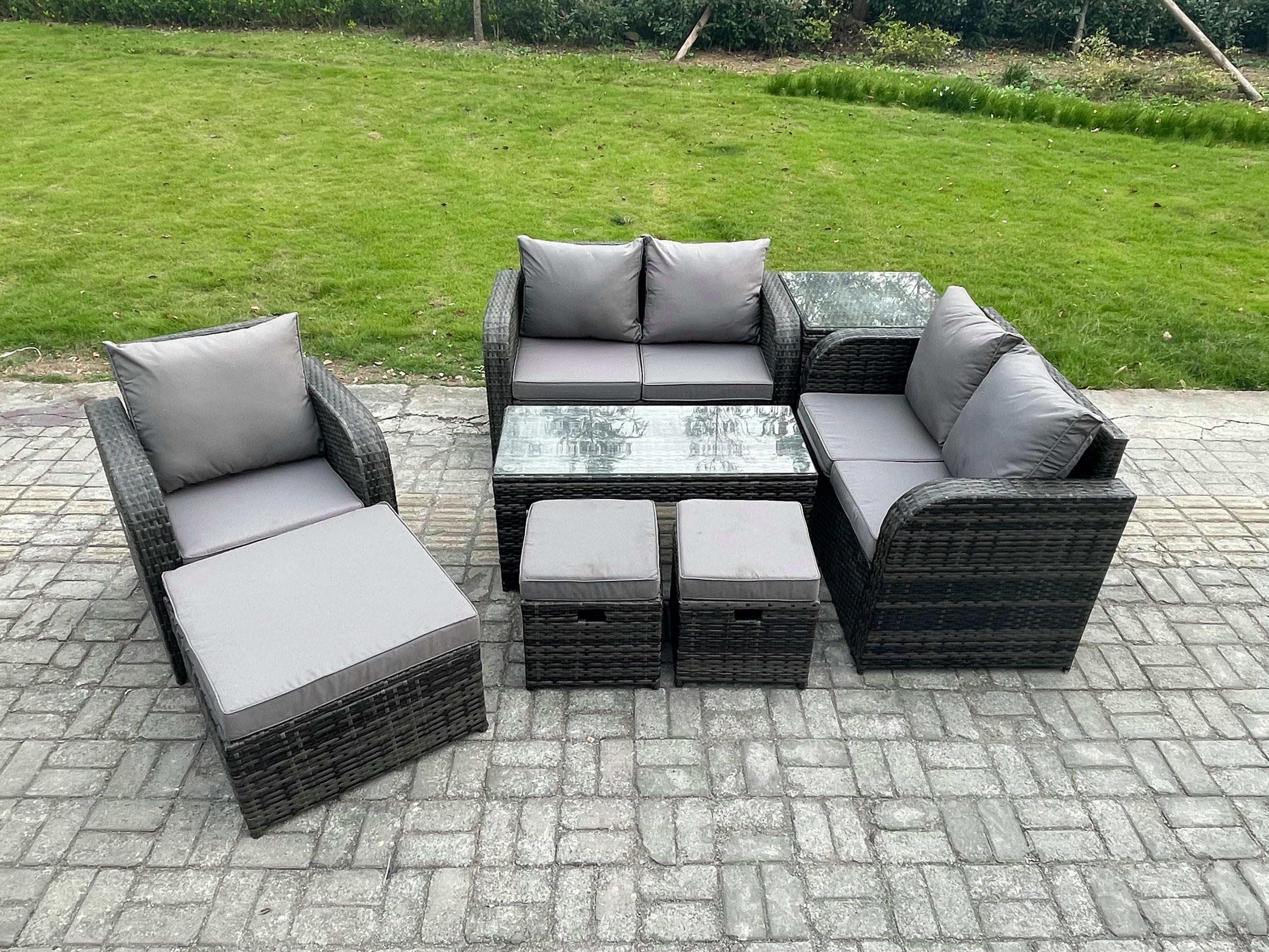 GARTENSOFA SET mit rechteckigem COUCHTISCH Polyrattan 8-Sitzer Dunkelgrau - Dunkelgrau/Grau, Glas/Kunststoff - Fimous
