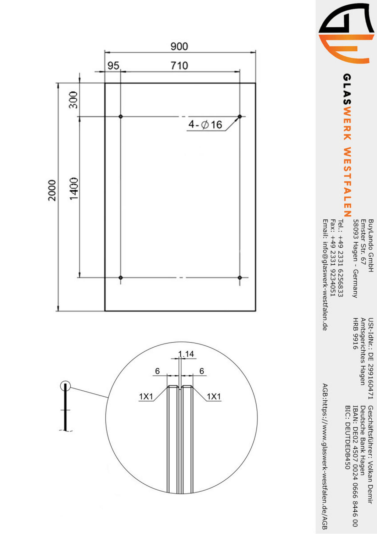 GLASVORDACH 200x90 cm Sicherheitsglas Edelstahl Satiniert V-Silber - Weiß, Glas (200/1.31/90cm) -  Glaswerk Westfalen