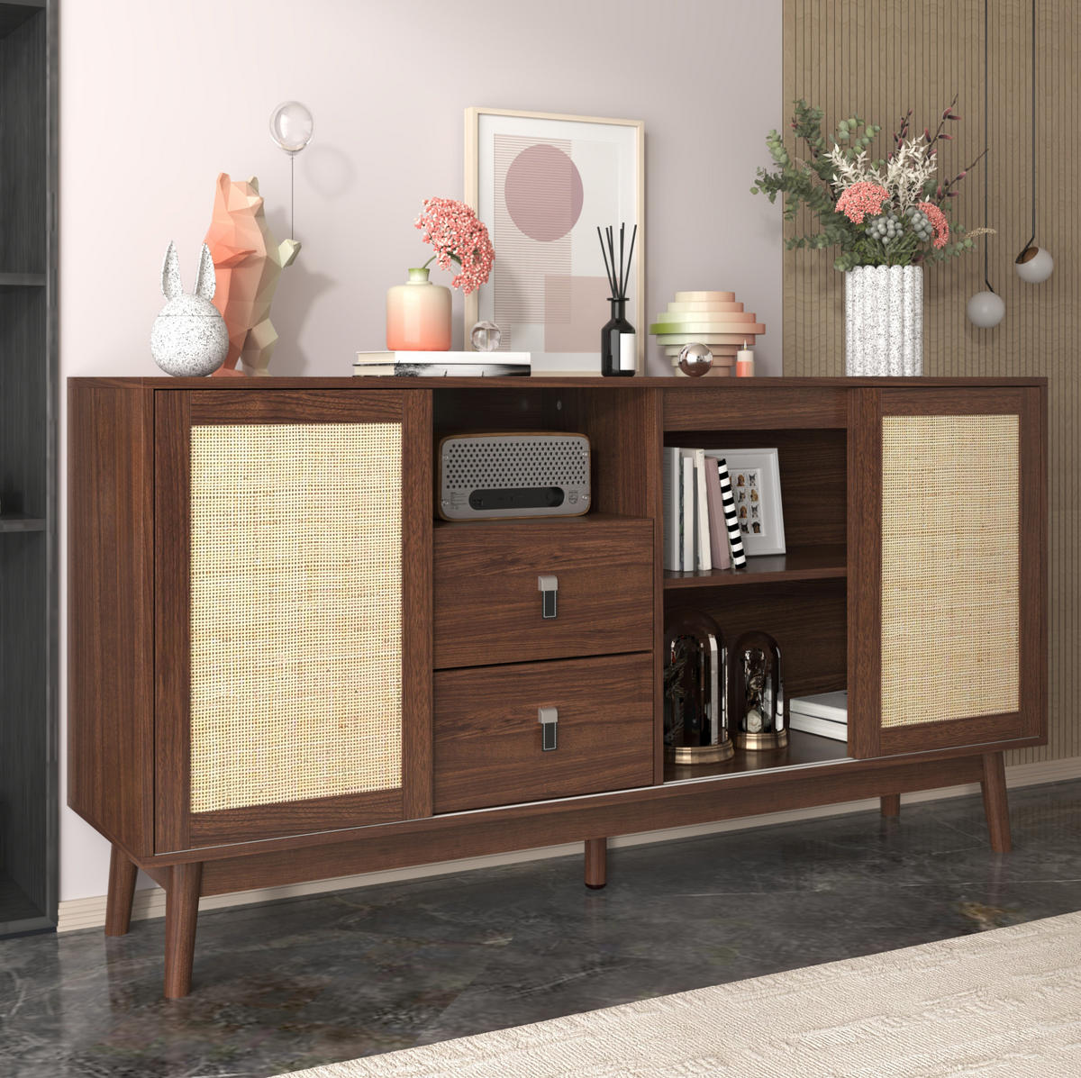 SIDEBOARD 155/38/80 cm dunkles Holz aus MDF mit Rattan-Schiebetüren - Nussbaumfarben, Holzwerkstoff (155/80/38cm) - OKWISH