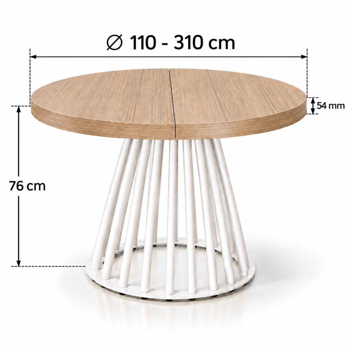 ESSTISCHRUND ausziehbar 110/310/76 cm, Hellbraun Eiche Hikora Egger Natur, 54 cm Tischplatte + Lamellen-Metallgestell Weiß - Hellbraun/Eichefarben, Holzwerkstoff/Metall (110/310/76cm) - Damale Möbel