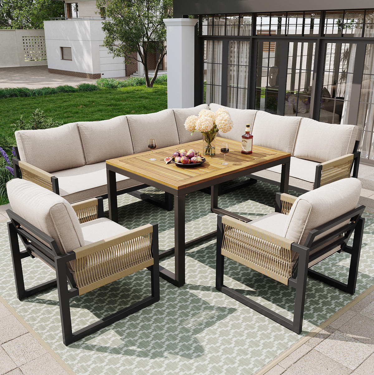 ZAHRADNÍ jídelní set z kovu a polyesteru 95x63x65 cm béžový modulární s polstry 8 cm a ručně tkanými lany - béžová, kov - Modfu