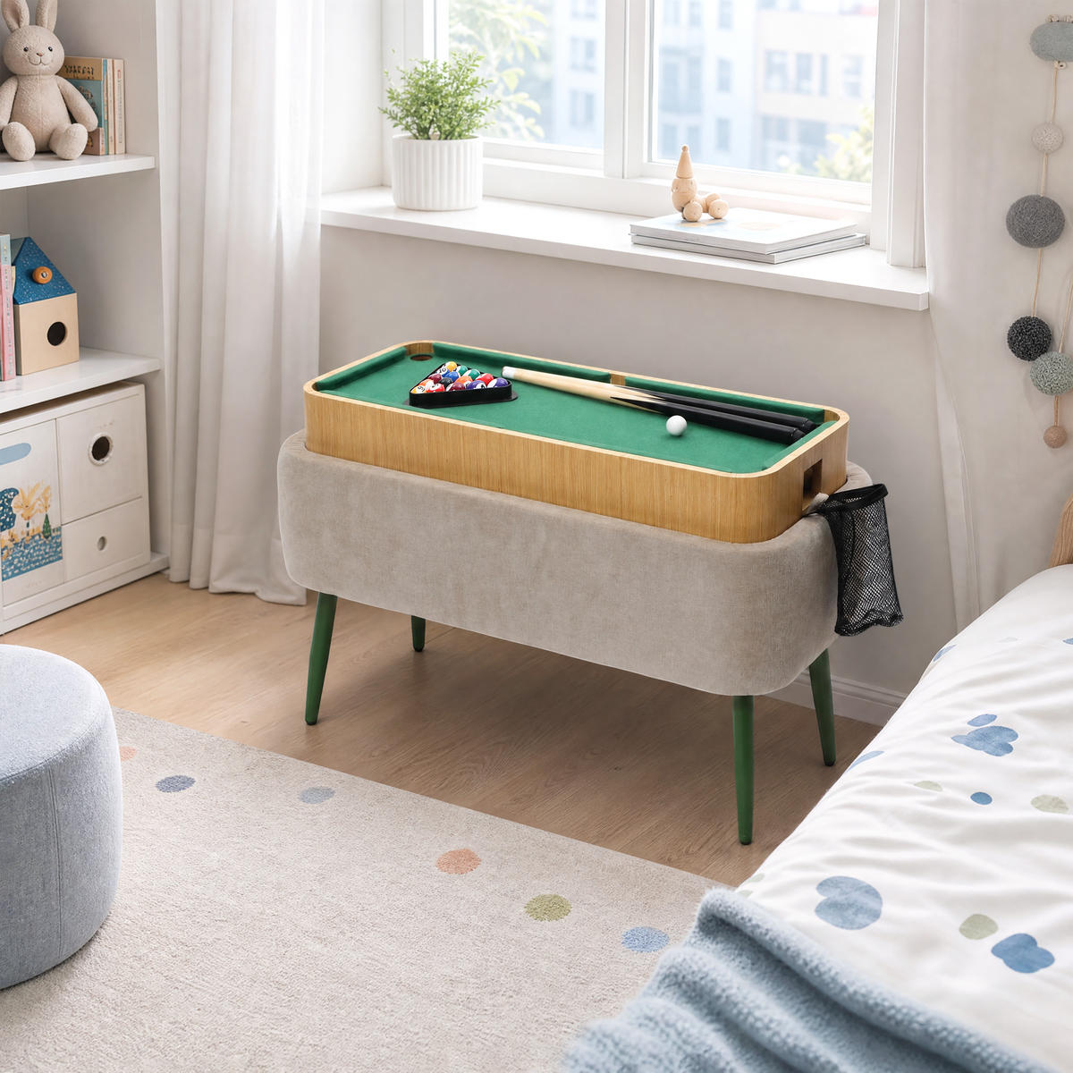 SITZBANK mit Stauraum, Polsterbank mit Mini-Billard, Beige - Grau, Holzwerkstoff (35.5/47/77.5cm) - Hometopia