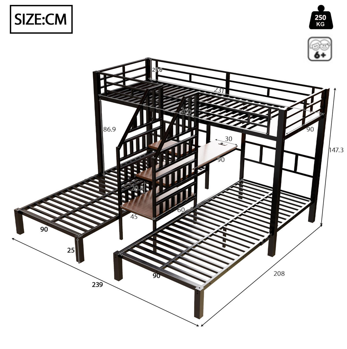 ETAGENBETT 90/200 cm mit 3 Schlafplätzen, LED-Beleuchtung und Schreibtisch - Schwarz, Metall (90/200cm) - BEAOK
