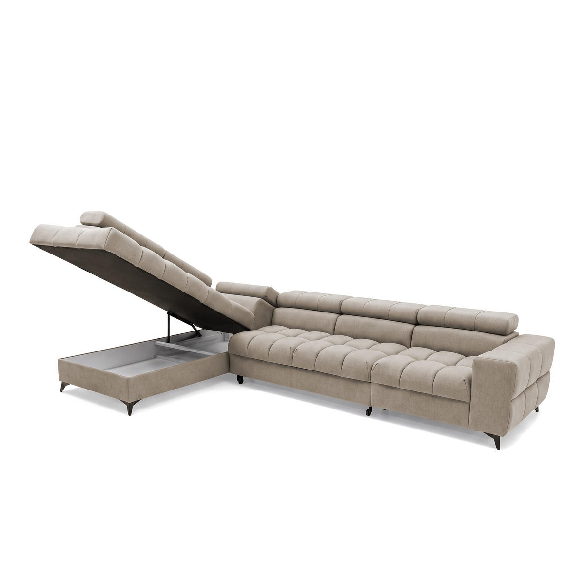ECKSOFA PUDDING MAXI L Links mit Schlaffunktion 125x195 Velours Creme - Creme/Schwarz, Holz/Textil (203/350cm) - Muffo