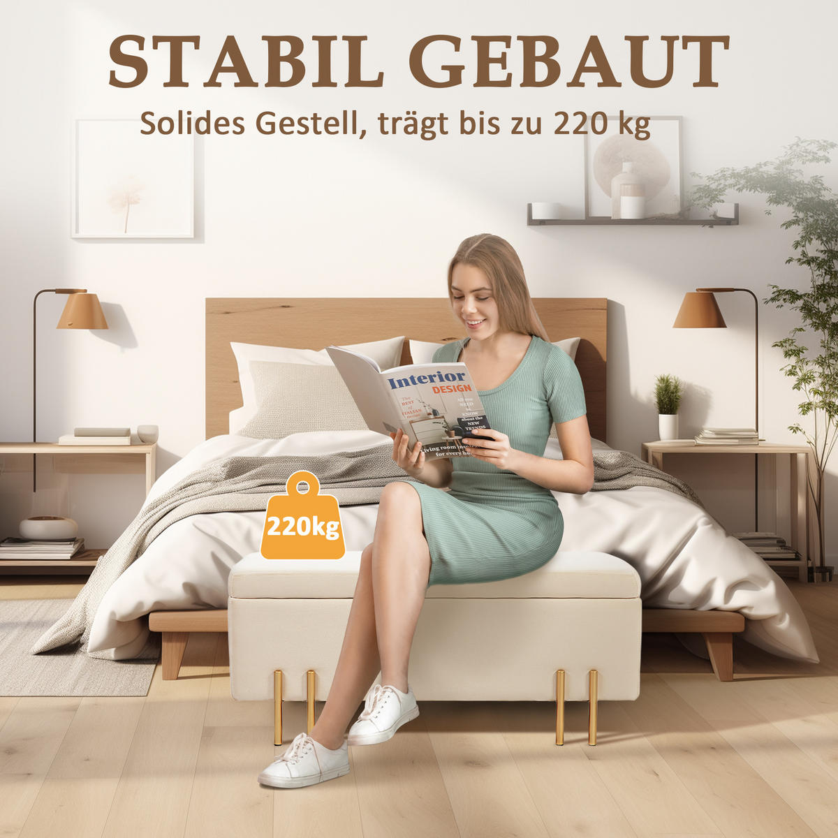 POLSTERBANK Mit Stauraum DE-07135 Metall & Kautschukholz, bis 220 kg Beige - Beige, Holz/Textil (40/42/100cm) - ComfortXL