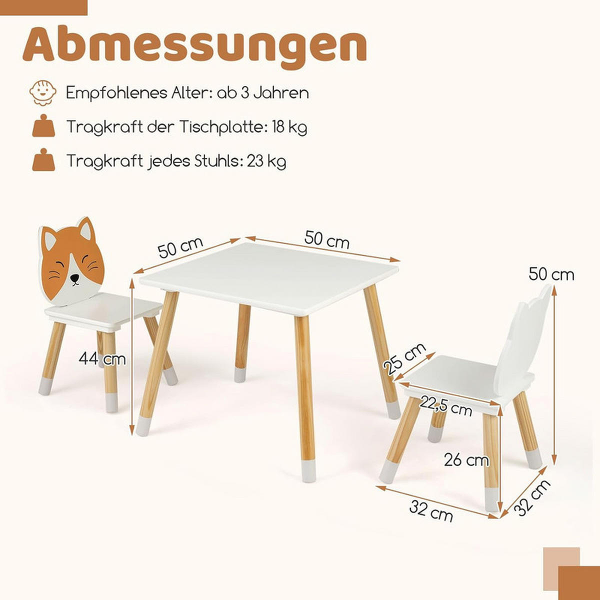 KINDERSITZGRUPPE Kiefernholzbeine weiß(3-tlg) - Weiß, Holzwerkstoff (50/44/50cm) - COSTWAY