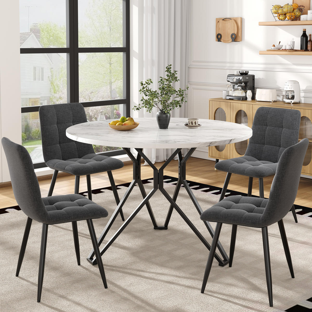 ESSTISCHSET 5-Teilig Rund 100 Cm, MDF Marmor, 4 Graue Leinenstühle, Schwarz - Multicolor, Naturmaterialen (72.01/18.49/80.01cm) - FLIEKS