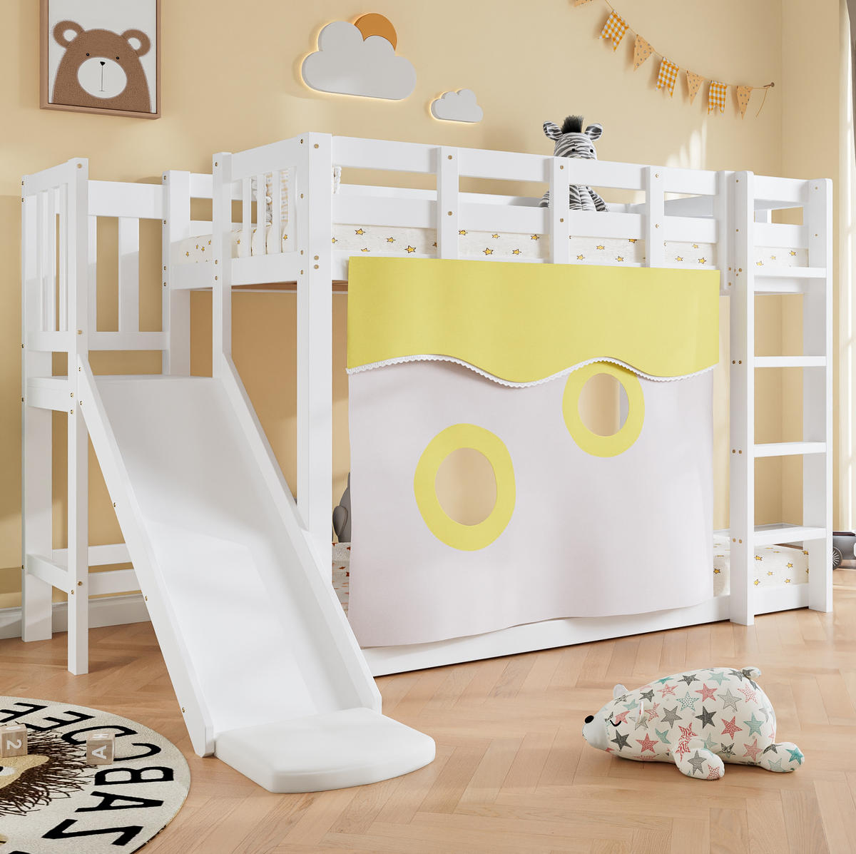 ETAGENBETT 90x200 cm in Weiß mit Treppe, Rutsche und Bettvorhang - Weiß, Holzwerkstoff (90/200cm) - BEAOK